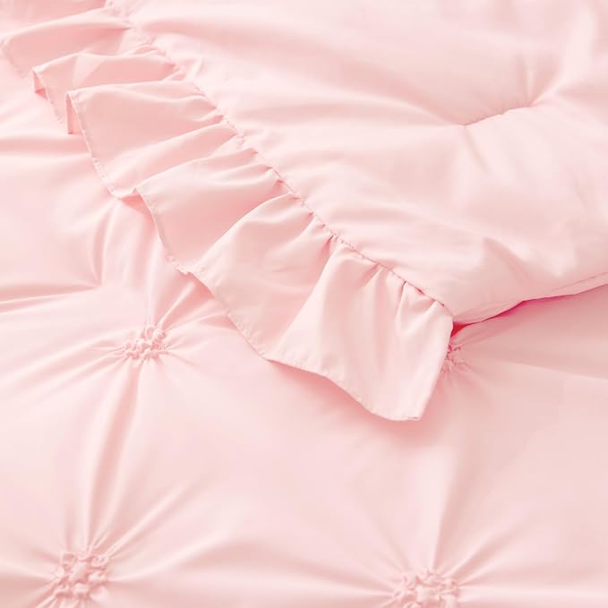 BEDELITE King Comforter Set Ruffle-Baby Pink,Lightweight & Soft Comforter | Pintuck Boho Bedding, Warm & Cute Bed Set for All Season,With 2 Pillowcases