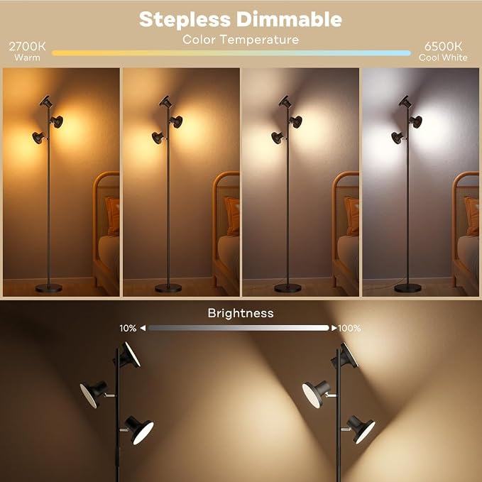 SIBRILLE RGB Floor Lamp, 36W Bright LED Standing Lamp with 3 Swivel Lights, Color Changing Tree Tall Lamp with Remote, Stepless Dimmable Modern Floor Lamps for Living Room, Bedroom, Gaming Room,Office