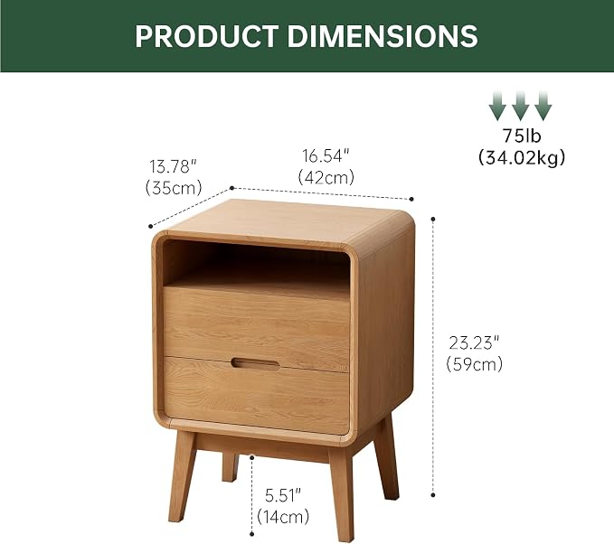 Solid Wood Nightstand, Mid Century Modern Small Nightstand with Two Drawers, Small Night Stand with Open Shelf, Oak Bedside Table for Bedroom, Dorm(Natural Wood Color)
