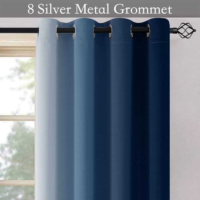 SimpleHome Ombre Blue to Grey White Curtains for Living Room 52Wx72L | Room Darkening Curtains for Bedroom,Gradient Light Blocking Curtain,Thermal Insulated Grommet Window Drapes,2 Panels,72 Inch