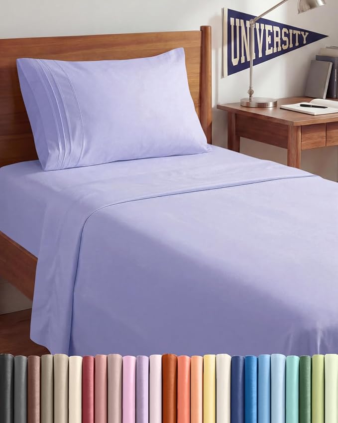 Twin XL 3 Piece Sheet Set - College Dorm Room Essentials - Lavender | Deep Pocket Bed Sheets for Women, Men, Teens & Students, Soft, Cooling, Breathable & Wrinkle Free, Oeko-Tex Bed Sheet Set