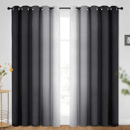 SimpleHome Ombre Black to Grey White Curtains for Living Room 70Wx84L | Room Darkening Curtains for Bedroom,Gradient Light Blocking Curtain,Thermal Insulated Grommet Window Drapes,2 Panels,84 Inch