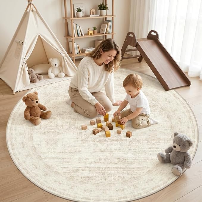 Round Area Rug Living Room: 8ft Washable Carpet Retro Beige | Vintage Boho Circle Soft Large Circular Carpet Bedroom Nursery Neutral Dining Room Indoor Decor Floor Non-Slip Under Table