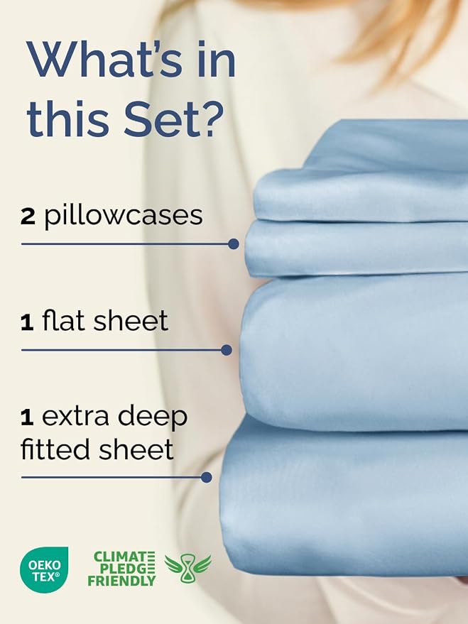 Extra Deep Queen Sheet Set - 4 Piece Breathable & Cooling Sheets - Sky Blue | Easily Fits 18 to 24 inch Mattress - Ultra Soft, Wrinkle & Fade Free with Extra Deep Pockets - Comfy Hotel Luxury Bedding