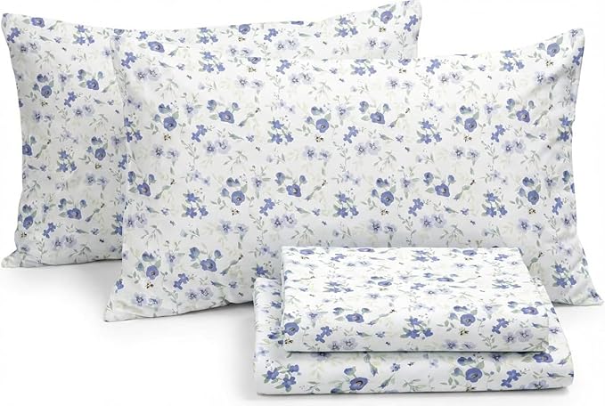 Linen Market Patterned Microfiber Full Sheet Set 4 Piece – Oeko-TEX Certified Ultra Soft & Wrinkle-Free - 16" Deep Pocket Sheets - Easy Care Full Size - Blossoms Light Blue