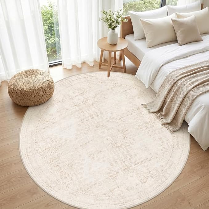 Round Area Rug Living Room: 6ft Neutral Washable Carpet Rug Beige | Vintage Boho Circle Soft Large Circular Carpet Bedroom Nursery Farmhouse Dining Room Indoor Decor Floor Non-Slip Under Table