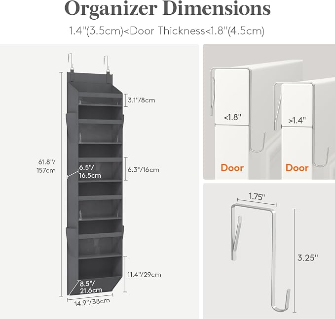 Lifewit 1 Pack Over the Door Organizer, 6 Section Clear Window Hanging Storage with 4 Side Pockets, Sturdy Anti Tilt 40 lbs Load Behind Door for Closet, Bedroom, Bathroom, Nursery, Dorm, Dark Gray