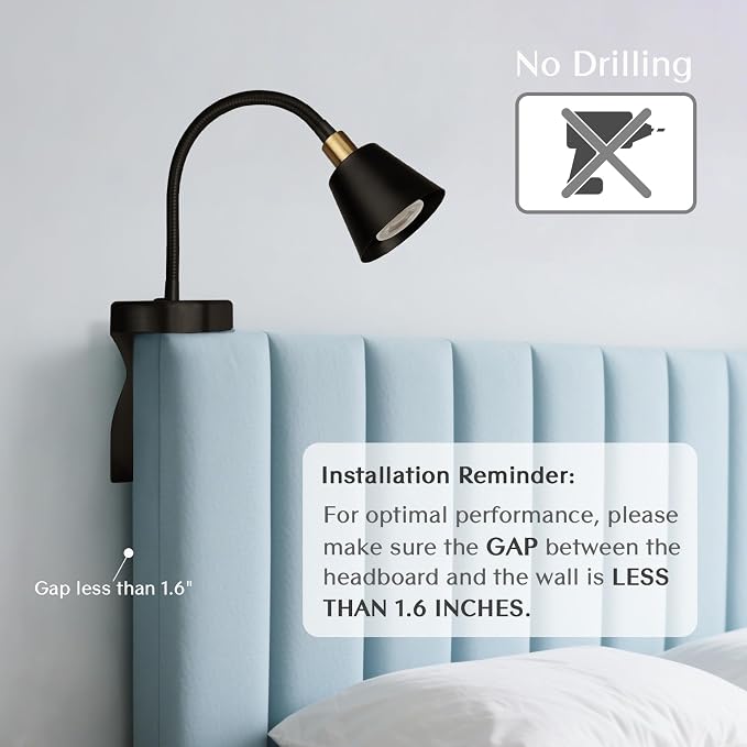 Patented Innovative Design Headboard Reading Light. No Drilling Golden Book Light for Bedtime Reading. Dimmable LED Book Reading Lamp with Bulb. Movable & Flexible, Black and Golden