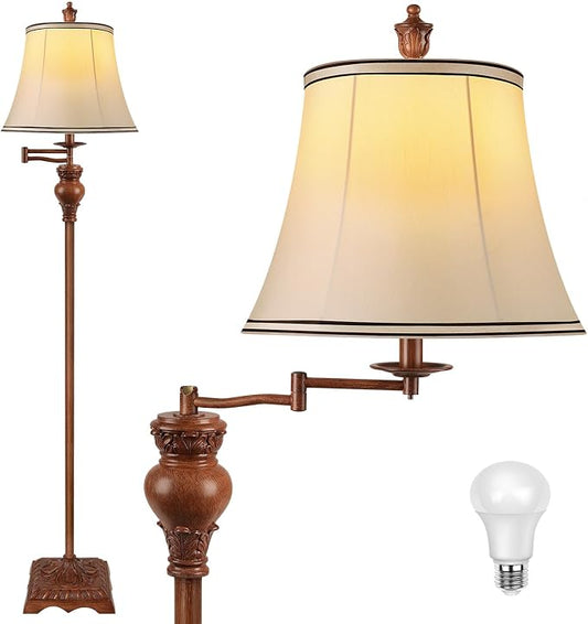 PARTPHONER Vintage Floor Lamps for Living Room,Traditional 350° Adjustable Swing Arm Farmhouse Floor Lamp for Bedroom, Rustic Standing Lamp Pole Lamps for Reading, Home Décor and Office, Wood Grain