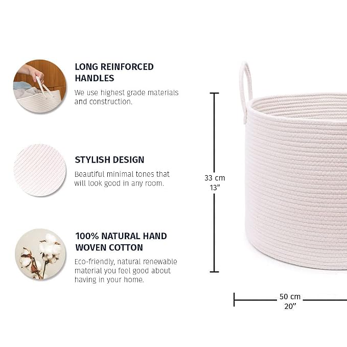 OrganiHaus Round Toy Basket & Blanket Basket, Cotton Rope 20x13" | Full Off-White - Round Cotton Rope Basket, 20x13"