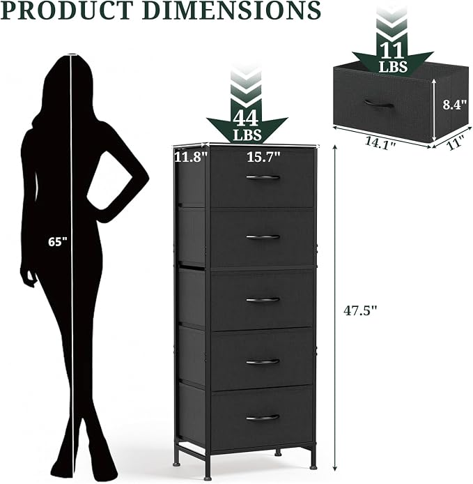 5 Drawers Dresser for Bedroom Fabric Storage Tower with Wooden Top | Steel Frame Tall Chest of Drawers for Closet, Entryway, Dorm, Black