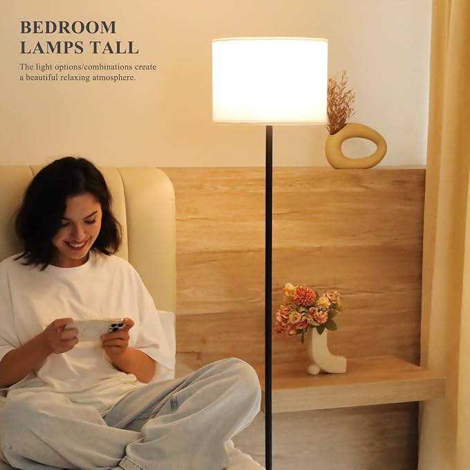 Modern Floor Lamp Simple Design with White Shade & Foot Pedal Switch | 60" Black Floor Lamp(Without Bulb), Tall Lamps for Living Room Bedroom Office Dining Room Kitchen