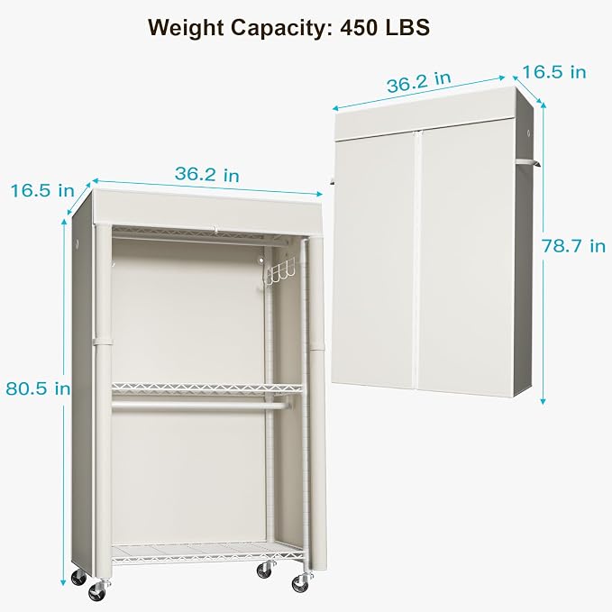 FUTASSI White Clothing Rack with Beige Cover, P1C Rolling Closets | Metal Garment Rack for Hanging Clothes, Clothing Storage Wardrobe, with Wheels