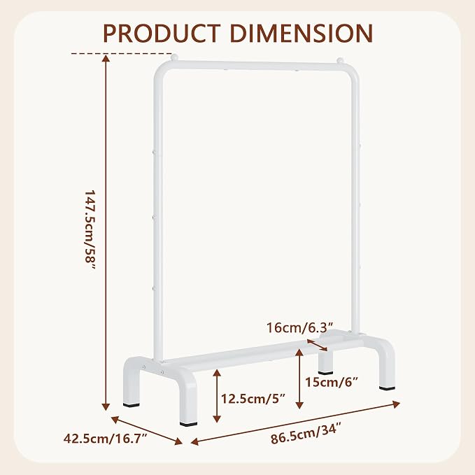 JIUYOTREE Garment Rack Clothing Clothes Rack for Clothes Organizing White | Standard Metal 34 Inches Garment Rack with Bottom Shelf for Hanging Clothes Coats Jackets Shirts Sweaters Jeans White
