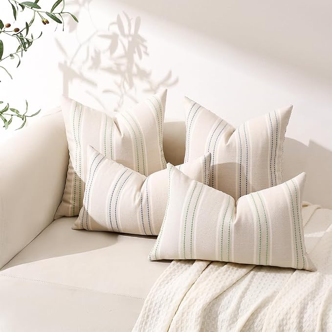 Hckot Stripe Throw Pillow Covers 12x24 Lumbar Dusty Blue Pillow Covers | Farmhouse Decorative Pillows Textured Cushion Covers for Sofa Couch Bed Living Room Decor