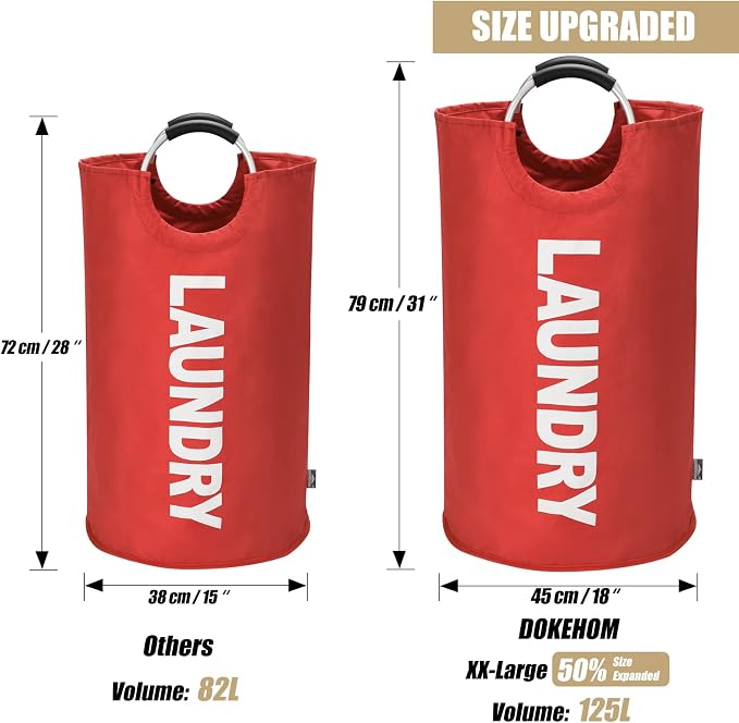 DOKEHOM 125L X-Large Laundry Basket Bag, Collapsible Tall Hamper, Red | Freestanding tall washing bin & foldable laundry bag. Extra large clothes storage basket with durable sturdy handles