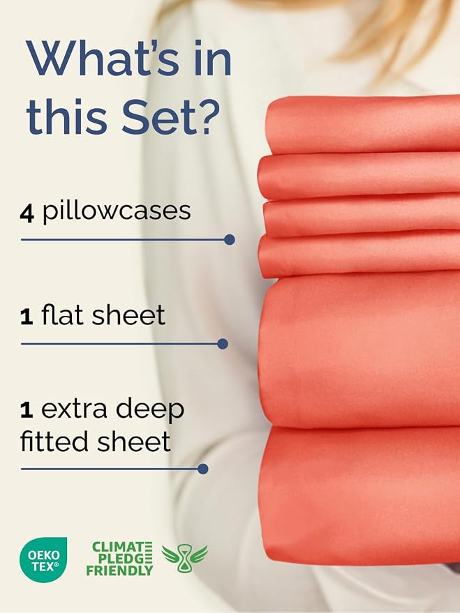 Extra Deep Full Sheet Set - 6 Piece Breathable and Cooling Sheets - Coral | Hotel Luxury Bed Sheets Set, Easy & Secure Fit, Ultra-Soft, Wrinkle & Fade Free, Comfy Sheets Set with Extra Deep Pockets