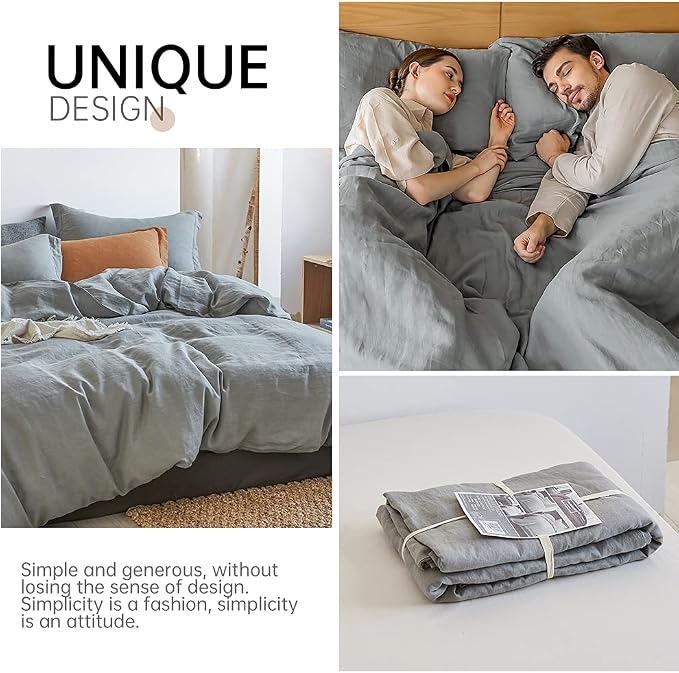 Simple&Opulence 100% Linen Duvet Cover Set 3pcs Basic Style Natural French Washed Flax Solid Color Soft Breathable Farmhouse Bedding with Button Closure - Ultimate Grey, Full