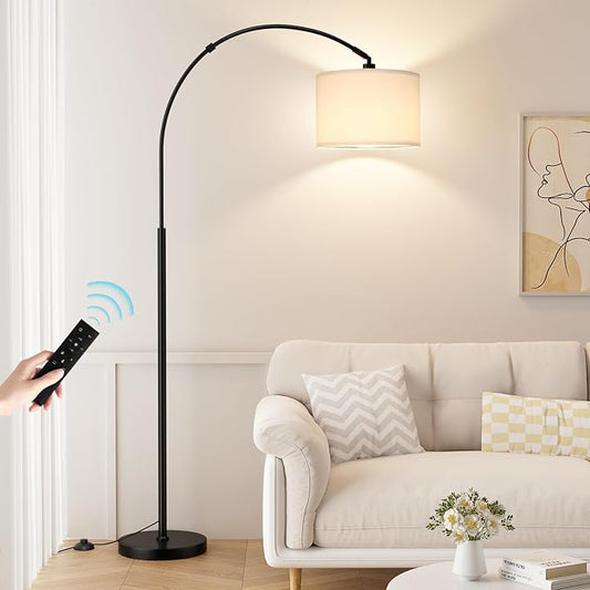 Dimmable Arc Floor Lamp with Remote, Color Temp Adjustable | Rotating Head, Foot Switch & Remote, Arched Floor Lamp for Living Room Bedroom Office, Over Couch Arched Light, White & Black