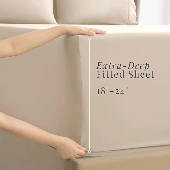 Hearth & Harbor Extra Deep Pocket Sheets - Fits Mattress 18-24 Inches Deep - Extra Deep Pocket Split King Size Sets - 7 Piece Split King Size - Cream