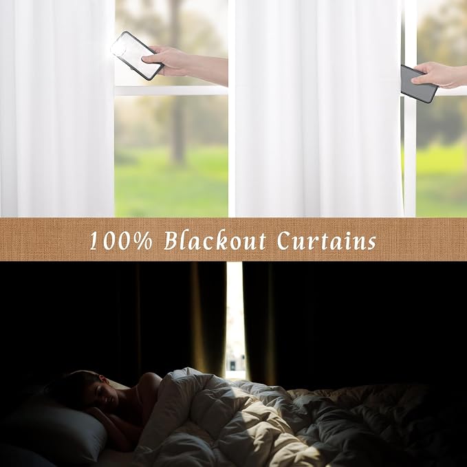White 100% Blackout Linen Bedroom Curtains 63 Inches 2 Panels | Neutral Drapes for Short Windows, Farmhouse, Thermal Insulated Panels, Rod Pocket Back Tab, with White Liner, 38 x 63 Inch