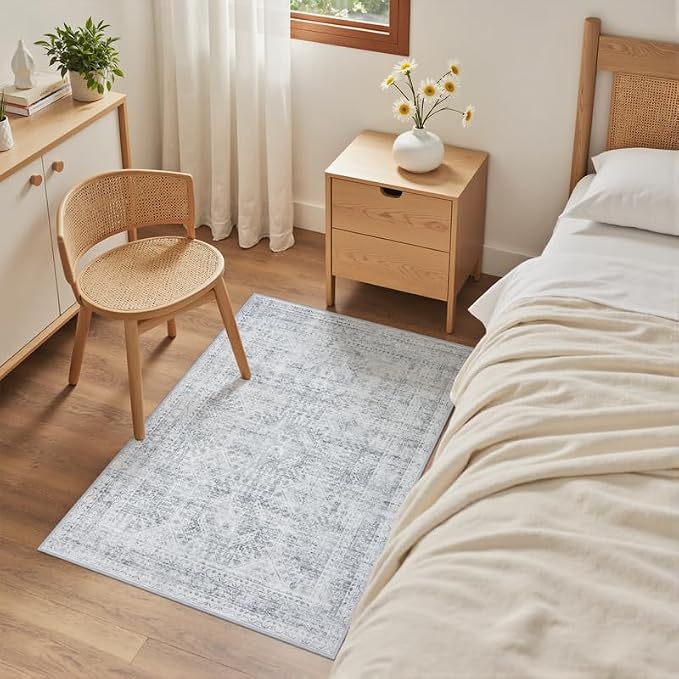 Washable Area Rugs 2x3: Neutral Living Room Bedroom Carpet Gray | Vintage Boho Soft Small Indoor Decor Floor Non-Slip Low Pile Neutral Farmhouse Entryway Laundry Bathroom Bedroom Beside Rugs