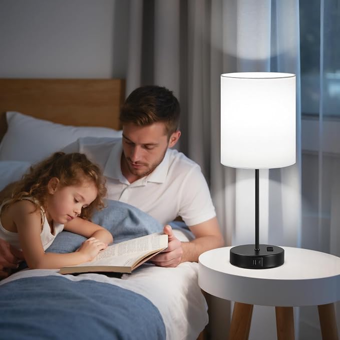 White Black Touch Lamps for Bedroom Set of 2, Dimmable, USB C+A, AC Outlet | Large 17.6" Tall Lamp, 3-Way Dimming, 5000K Daylight Bulbs, White Lampshade Black Base, for Living Room, Boys, Men, Girls