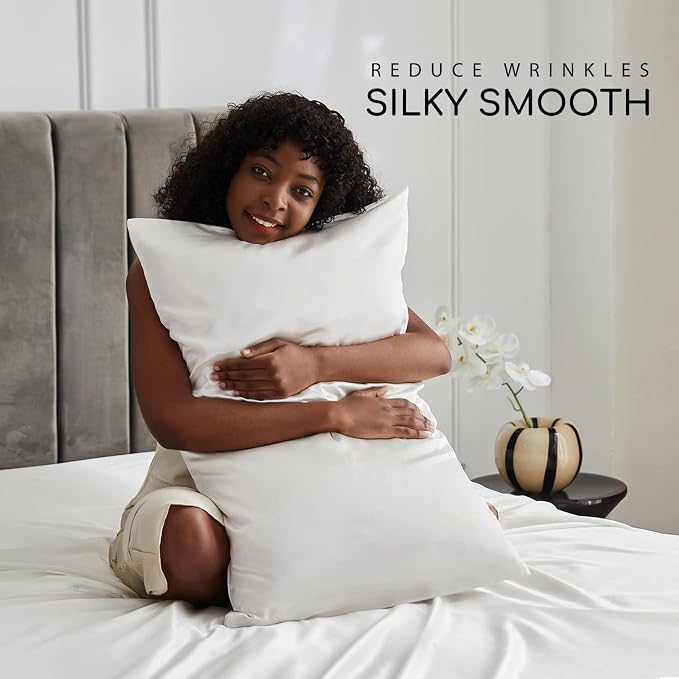 MR&HM Satin Sheets King Size with Elastic Corner Straps, Ivory | Similar to Silk, 6-Piece Silky Soft Bed Sheet Set, Gentle on Skin and Hair, 15" Deep Pocket, Cooling & Breathable