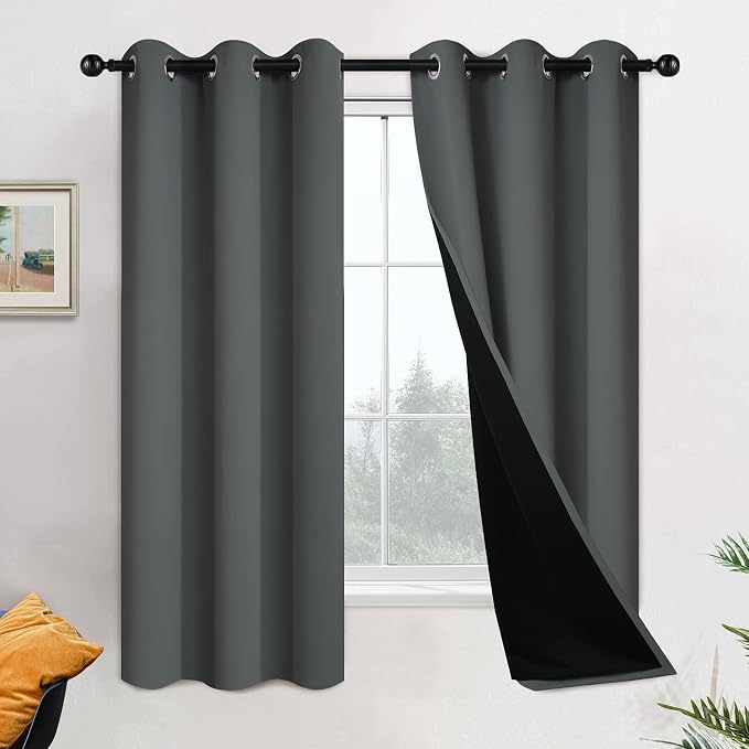 Yakamok 63 Inch Length 100% Blackout Curtains for Bedroom, 2 Thick Layers Thermal Insulated Grommet Total Blackout Drapes with Black Liner for Living Room (42Wx63L,Dark Grey, 2 Panels) | Blackout Curtain Panels for Bedroom, 2 Thick Layers Grommet Top T...
