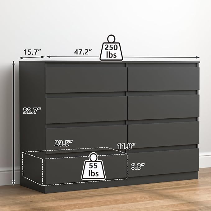 Vibe & Dine 8 Drawer Double Dressser, Modern Chest of Drawers with Wide Storage for Closet, Bedroom, Living Room, Black
