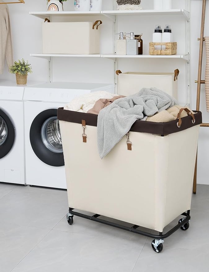 StorageWorks 320L Laundry Basket with Wheels, Rolling Hampers for Clothing | Extra Large Beige Laundry Basket with Wheels, Metal Frame & Handles, Hamper for Bedroom, Bathroom, Hotel