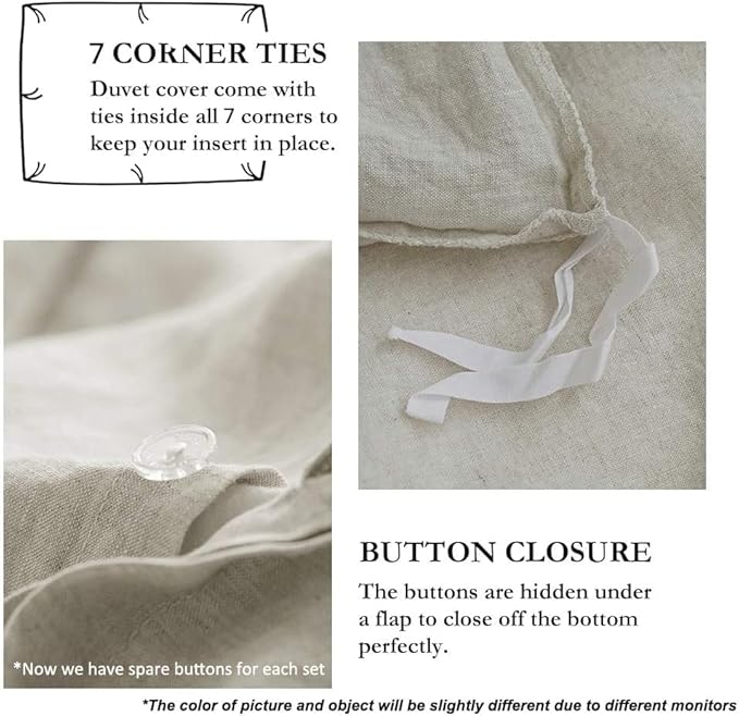Simple&Opulence 100% Linen Duvet Cover Set with Embroidery Border Washed - 3 Pieces (1 Duvet Cover with 2 Pillow Shams) with Button Closure Soft Breathable Farmhouse - Linen, Full Size