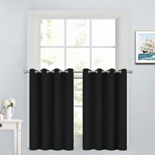 Yakamok Black Room Darkening Window Curtains 52x36 Inch for Kitchen | Grommet,Thermal Insulated ,Blackout Curtains Drapes,Blocks some light adds privacy,Living room Bathroom,2 Panel Valance