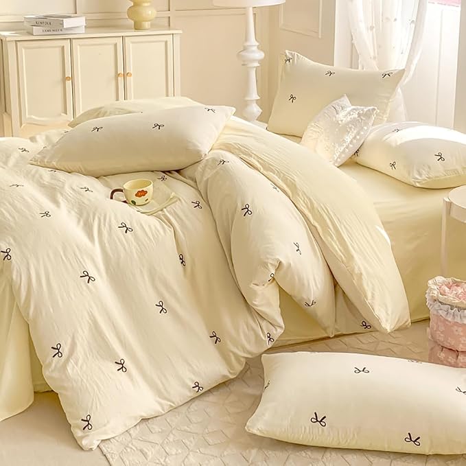 Nayoroom Bow Duvet Cover Queen Size Reversible Aesthetic Duvet Cover 3 Pieces Soft Lightweight Microfiber Kids Girls Cute Dorm Bedding Set, White/Yellow