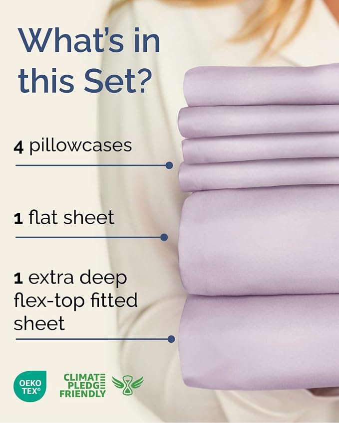 Flex Top Split Head King 6 Piece Sheet Set - Cooling - Light Lavender | Ultra Soft Hotel Luxury Bedding Set w/ 8-16 Inch Deep Pockets, 1 Flat & 1 Split-Head Fitted Sheet & 4 Pillowcases, Fade Free