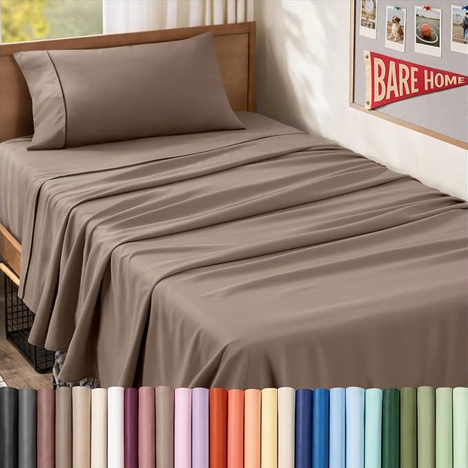 Bare Home Twin XL Sheet Set - 1800 Ultra-Soft (Twin XL, Taupe) | Deep Pockets 6 to 15 Inches, Breathable, Hypoallergenic, Hotel Luxury, Easy Fit, Soft, All-Season