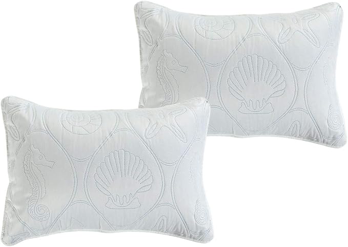 Legacy Decor 3 PCS Shell & Seahorse Reversible All Season Bedspread Quilt Coverlet Oversize, Blue Color, Queen Size