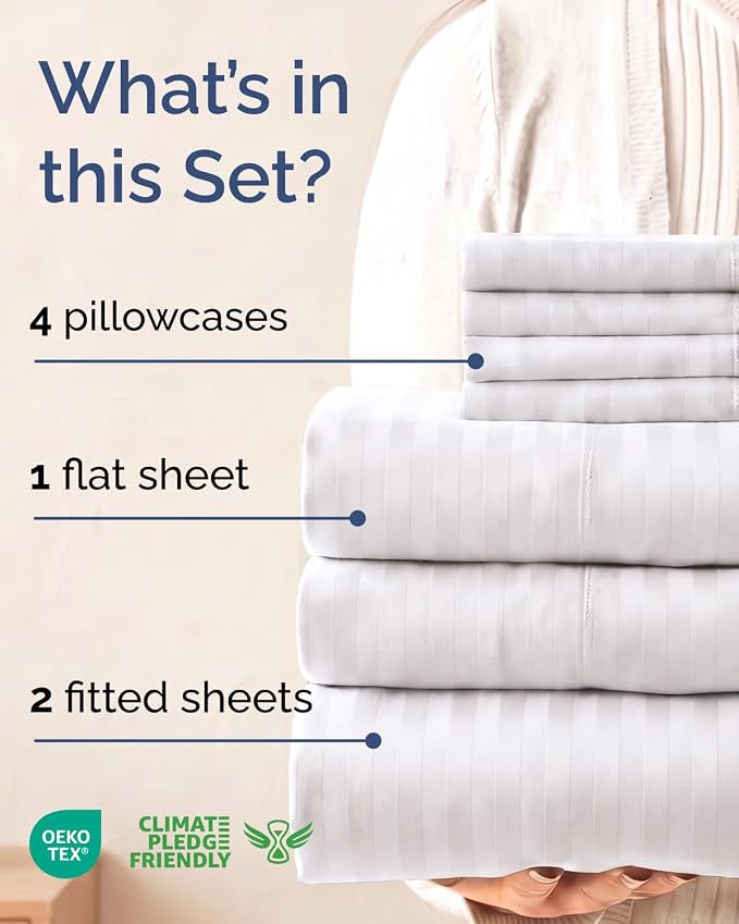 Split King 7 Piece Bed Sheet Set - Breathable & Cooling - Striped White | Ultra-Soft Hotel Luxury Bedding Set w/ 8-16 Inch Deep Pockets, 1 Flat & 2 Fitted Sheet & 4 Pillowcases, Wrinkle & Fade Free
