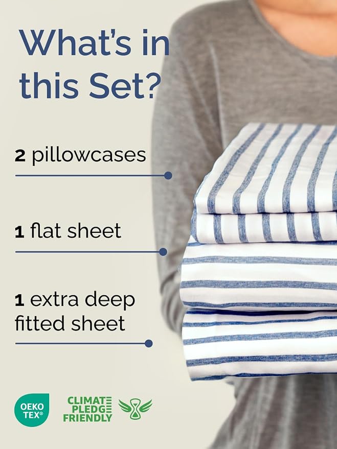 Extra Deep Cal King Sheet Set - 4 Piece Breathable & Cooling - Blue Stripes | Easily Fits 18 to 24 inch Mattress, Ultra Soft, Wrinkle & Fade Free with Extra Deep Pockets, Comfy Hotel Luxury Bedding