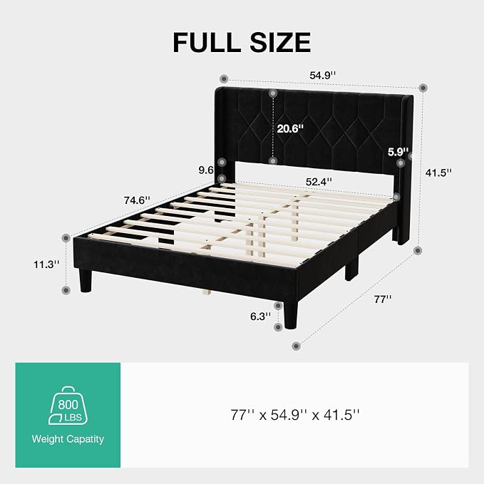 Novilla Full Size Bed Frame, Full Bed Frame with Headboard, Velvet Upholstered Pull-Point Wingback Headboard, No Box Spring Needed, Heavy Duty Feet, Easy Assembly, Black Velvet