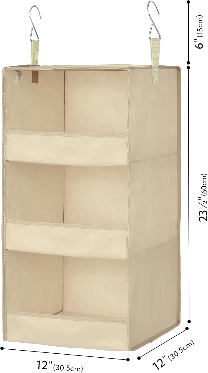 GRANNY SAYS 3-Shelf Hanging Closet Organizer, Foldable Storage, Khaki | 33 lb Capacity, No-Sag Support, Keeps Clothes Neat, Folds Flat, Fits RV, Dorm & Small Closets, 2 Pack