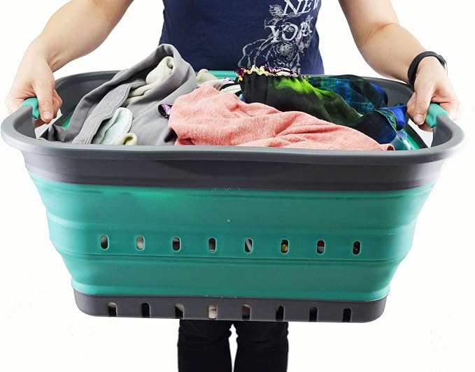 SAMMART 42L (11 gallon) Collapsible Plastic Laundry Basket - Foldable Pop Up Storage Container/Organizer - Space Saving Hamper/Basket (1, Grey/Turquoise Blue)
