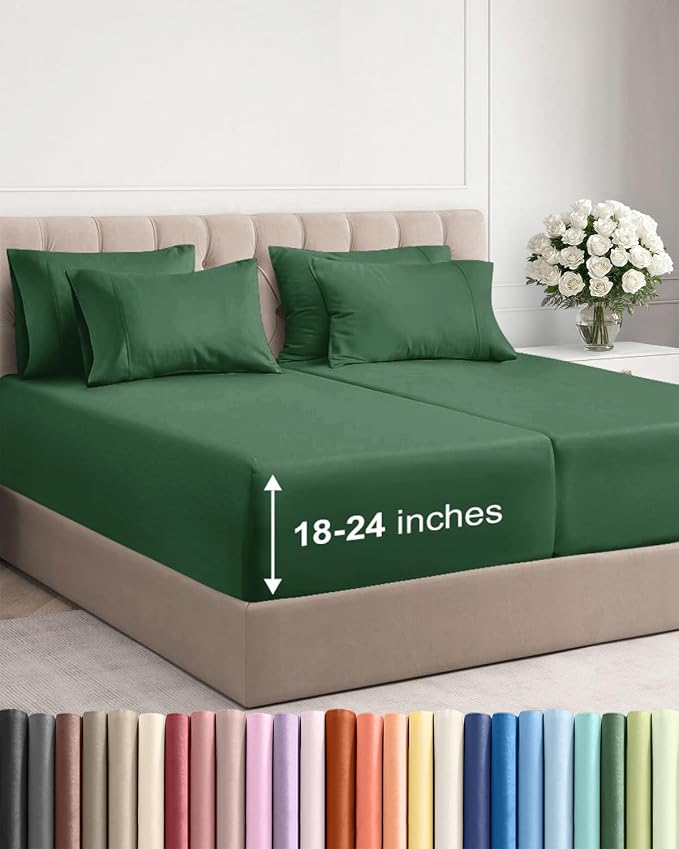 Extra Deep Split King Sheet Set - 7 Piece Cooling Sheets - Emerald Green | Hotel Luxury Bed Sheets Set, Easy & Secure Fit, Ultra-Soft, Wrinkle & Fade Free, Comfy Sheets Set with Extra Deep Pockets
