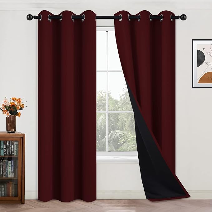 Yakamok Burgundy Red Blackout Curtains 84 Inches Long for Bedroom 42" Wide | Blackout Curtain Panels for Bedroom, 2 Thick Layers Grommet Top Thermal Insulated Drapes with Black Liner for Living Room