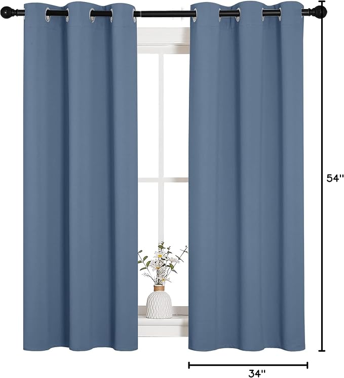 NICETOWN Kitchen Curtains, Set of 2, 34" x 54", Stone Blue | Privacy & Room Darkening Thermal Insulated Draperies with Grommet Top for Boys Bedroom Nursery