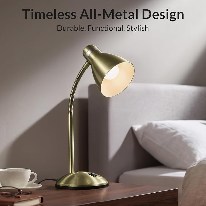 LEPOWER Metal Desk Lamp, Adjustable GooseNeck Reading Light for Bedroom | Compact & Sturdy, Space-Saving for Bedside & Dorm, E26 Table Lamp, Eye-Caring, Ideal for Study, Office, Back to School