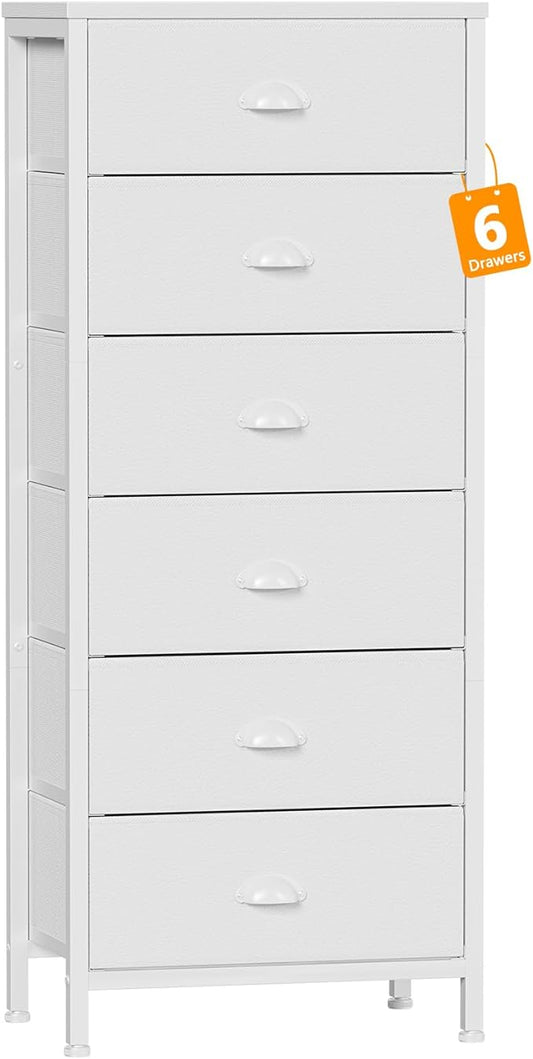 Furnulem White Dresser for Bedroom, 6 Fabric Drawers Chest of Drawers | Tall Skinny Dresser for Closet, Vertical Storage Tower Unit, Tall Nightstand for Dorm, Living Room, Metal Frame, Wooden Top