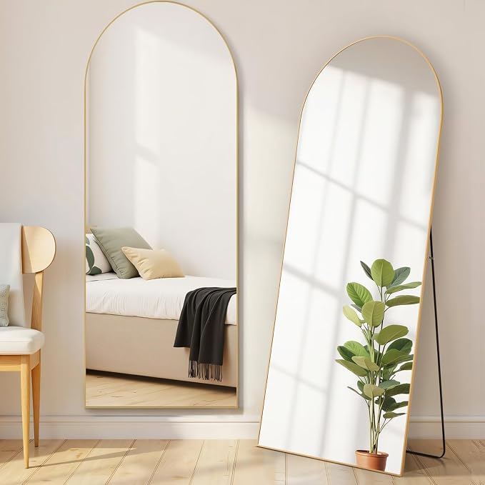 21"x64" Arched Mirror Full Length, Upgraded Body Wall Mirrors | Shatter-Proof Glass, Floor Standing, Hanging or Leaning, Tall Mirror with Stand Aluminum Alloy Frame for Bedroom, Gold