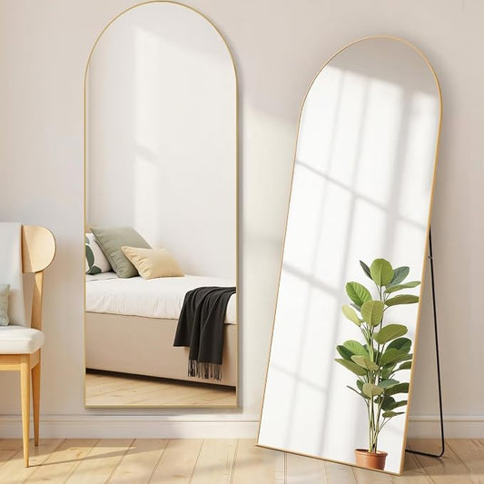 21"x64" Arched Mirror Full Length, Upgraded Body Wall Mirrors | Shatter-Proof Glass, Floor Standing, Hanging or Leaning, Tall Mirror with Stand Aluminum Alloy Frame for Bedroom, Gold