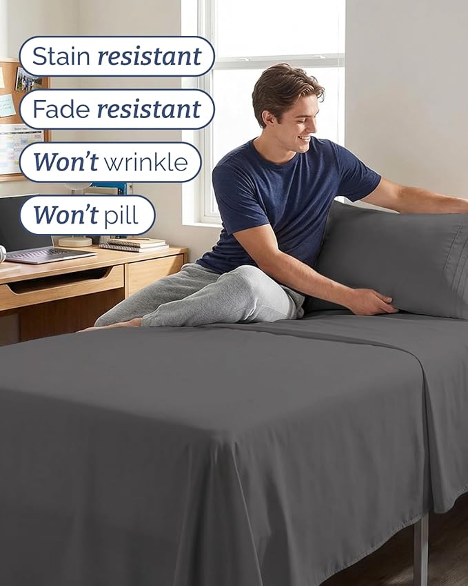 Twin XL 3 Piece Sheet Set - College Dorm Room Essentials - Dark Grey | Deep Pocket Bed Sheets for Women, Men, Teens & Students, Soft, Cooling, Breathable & Wrinkle Free, Oeko-Tex Bed Sheet Set